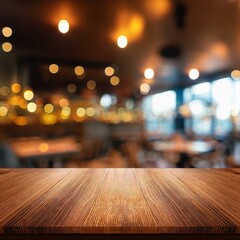 Fototapeta premium Wood table top with reflect on blur of lighting in cafe,restaurant background/selective focus.