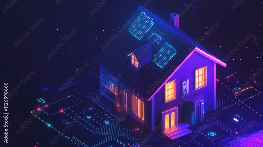 Poster smart home security system concept a 3d isometric house with digitized lights protected by cybersecu
