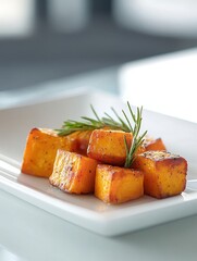 A plate of roasted cubed squash garnished with a sprig of rosemary.