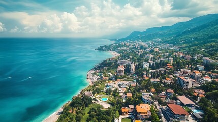 Naklejka premium Aerial View Coastal Town Summer