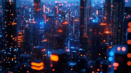 Obraz premium Smart cityscape with 5G wireless network connection. City background at night with glowing connections. Cityscape concept with advanced technology for communication and connectivity. 