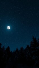 This enchanting image captures the beauty of a winter night, with a full moon illuminating a snow-covered forest. The contrast between the dark silhouettes of the trees and the bright moonlight create