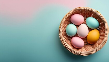 colorful easter eggs in a wicker basket on a pastel background with copy space