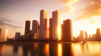 Fototapeta premium Stunning Cityscape Skyline at Dramatic Sunset Over the Water