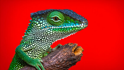 Obraz premium Vibrant green lizard on red background, close-up profile view, exotic reptile, detailed scales, sharp focus.