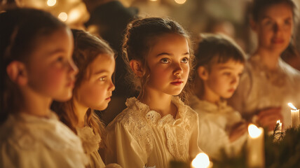 Fototapeta premium A group of young girls are sitting in a circle, with candles in front of them