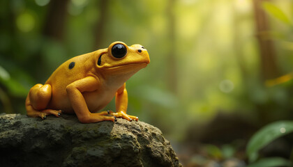 Naklejka premium wallpapers A vibrant yellow frog with black spots perches on a rock, surrounded by lush greenery. A serene atmosphere captures the beauty of wildlife. AI generated.
