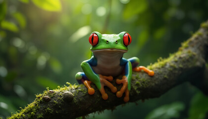 wallpapers A colorful red eye frog perched on a mossy branch surrounded by lush green foliage, showcasing the beauty of nature and wildlife. AI generated.