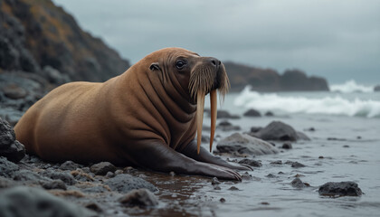 wallpapers A walrus resting on a rocky beach with waves crashing in the background, capturing the essence of nature's beauty and wildlife. AI generated.