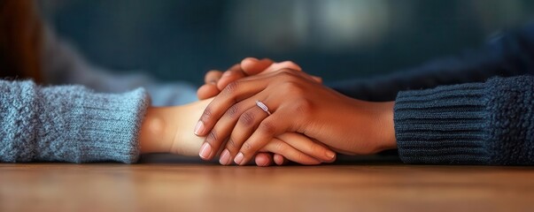 Two hands intertwined over a table, symbolizing the deep bond of love, trust, and understanding between a couple, couple love understanding, close up