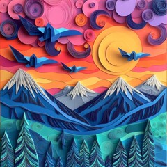 Paper Art Landscape with Origami Birds at Sunset