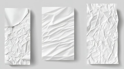 Set of realistic vector illustrations of crumpled and wrinkled white paper mockups Includes creased blank vertical sheets and empty folded cardboard banners with a rumpled surface
