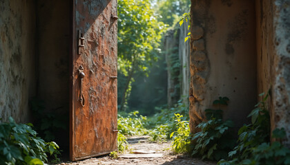 wallpapers An old rusted door stands open in an abandoned location, framed by vibrant green foliage and sunlight filtering through. AI generated
