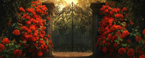 Ornate gate with vibrant red roses