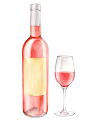 Realistic watercolor illustration of a bottle and a glass of rose wine. Hand drawn alcoholic drink. Design element for a bar and restaurant menu, tasting.