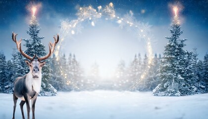 Christmas banner with magical scene of a reindeer in center in snowy forest with Christmas trees with lights and stars with copy space