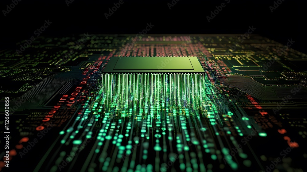 Poster green digital data streams flowing from microchip
