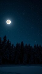 This enchanting image captures the beauty of a winter night, with a full moon illuminating a snow-covered forest. The contrast between the dark silhouettes of the trees and the bright moonlight create