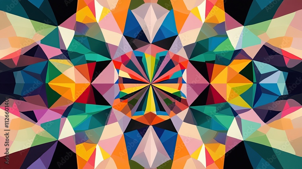 Poster a kaleidoscope of overlapping geometric shapes and patterns in vibrant colors, symbolizing the fusio