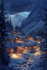 Asmall village in the mountains, snowing at night, with cozy lights on the buildings, in a fantasy art style.