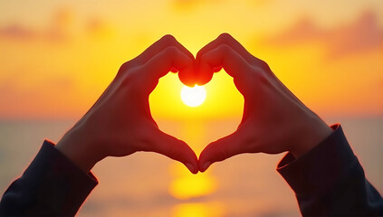 Fototapeta premium sunset in heart hands, hands forming heart shape, sunburst through heart, warm orange glow, romantic atmosphere