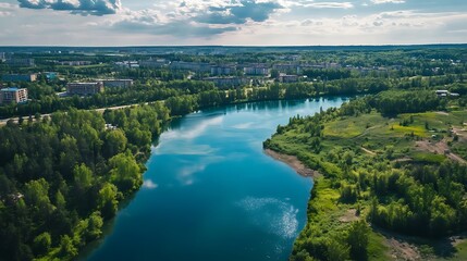 Obraz premium Aerial view of a lake surrounded by lush greenery and a city. Concept of nature and urban landscape.