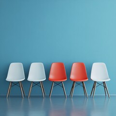 Red chairs stand out among white chairs against a blue wall.