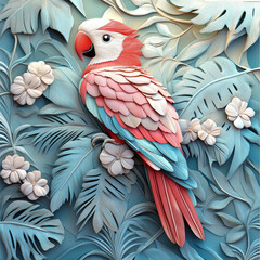 Fototapeta premium Colorful 3D Papercraft Parrot Surrounded by Tropical Leaves and Flowers