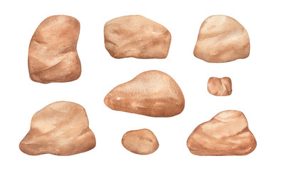 Watercolor rocks set, hand drawn sea stones isolated