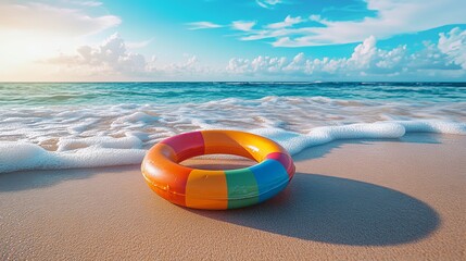 Obraz premium A vibrant inflatable ring rests on a sandy beach while gentle waves kiss the shore, creating a serene ambiance perfect for summer adventures and relaxation by the sea.