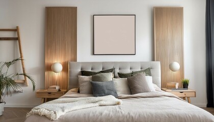 scandinavian interior design of modern bedroom with big art poster frame