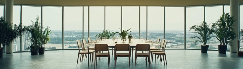 Fototapeta premium Panoramic View of a Luxury Dining Room with Floor-to-Ceiling Windows