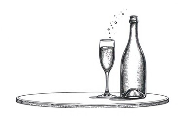 engraving illustration of crystal champagne flute and bottle with bubbles rising on white background with intricate etched detailing. luxury celebration concept, vintage texture style