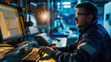 Fototapeta premium Skilled worker controlling a digitally program machine