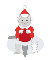 Cat Santa Claus with a gift bag. Gives Christmas gifts to the happy kittens. Vector flat illustration.