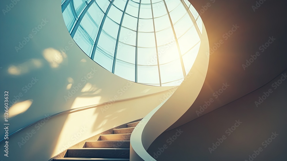 Poster a spiraling staircase with soft sunlight filtering through a large window, symbolizing the journey o