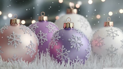 Background, banner of christmas balls in pastel soft colors of pink, purple and beige and decorated with a snowflake pattern on a background of soft light with highlights. 