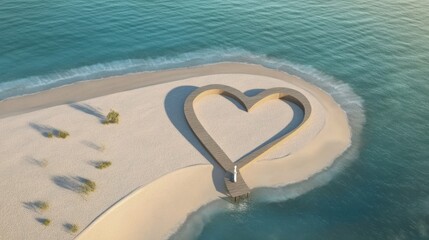 Heart-shaped sand platform on a serene beach, surrounded by ocean waves and palm trees, offering a romantic and artistic design for leisure and scenic photography