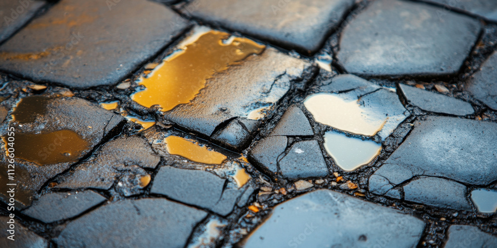 Poster a close-up view of a textured cobblestone surface, showcasing cracks and patches with a mixture of c