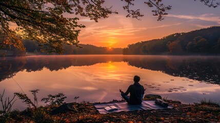 A peaceful lakeside scene at sunrise, a person meditating on a yoga mat, surrounded by nature tranquility, with a journal and pen placed nearby to capture personal reflection