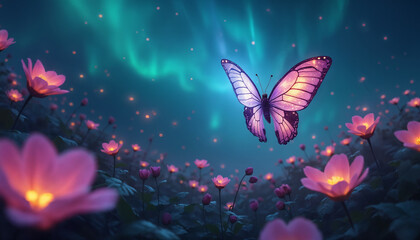 wallpapers A beautiful butterfly hovers over a field of glowing flowers under the enchanting northern lights. AI generated.