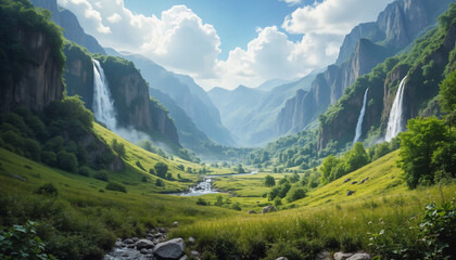 Fototapeta premium wallpapers A stunning view of a serene valley surrounded by majestic mountains, featuring cascading waterfalls and vibrant greenery, creating a tranquil atmosphere. AI generated