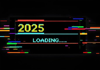 Glitch effect background with new year 2025 text, technology background 