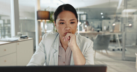 Laptop, office and business woman with research, planning and online solution for project...