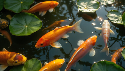 wallpapers A serene scene of koi fish swimming among lily pads in a peaceful pond, showcasing vibrant colors and natural beauty. AI generated.