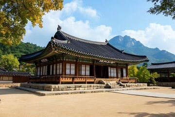 Traditional Asian architecture with a serene landscape backdrop.
