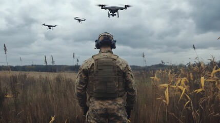 Soldier operates multiple drones in a field during a cloudy day