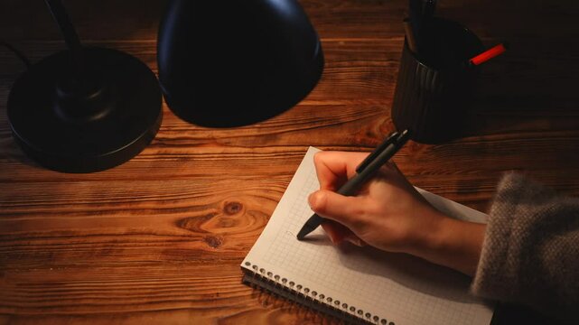 Close up shot of wooden table with notebook and lamp, woman writing with pen in spiral notebook plans for new year 2025, making list with numbers.