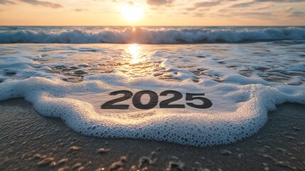 A serene beach scene showcasing the year 2025 written in the sand, surrounded by foamy waves under a stunning sunset, representing hope and new beginnings.
