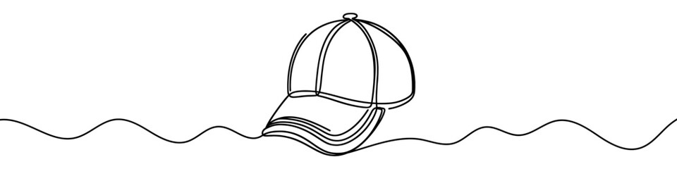 Continuous line drawing of baseball cap. One line drawing of a baseball cap. Vector illustration.